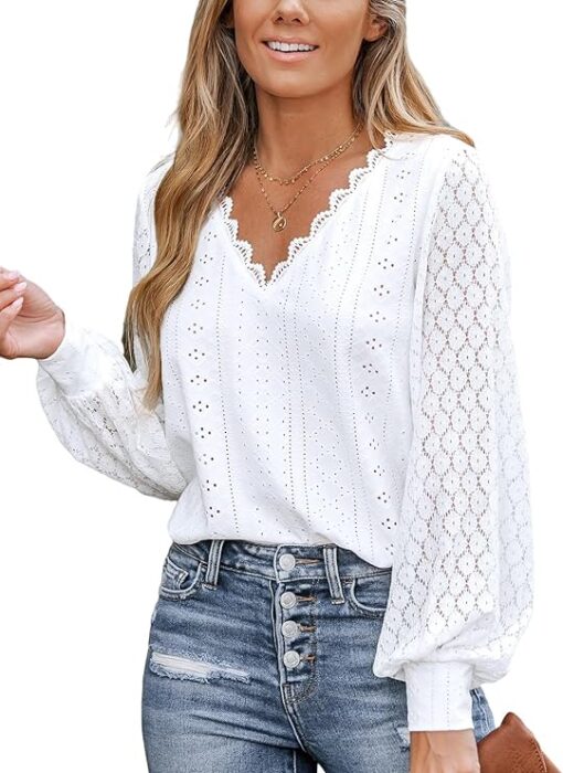 CUPSHE Women Lace Top Long Lace Sleeves Shirts